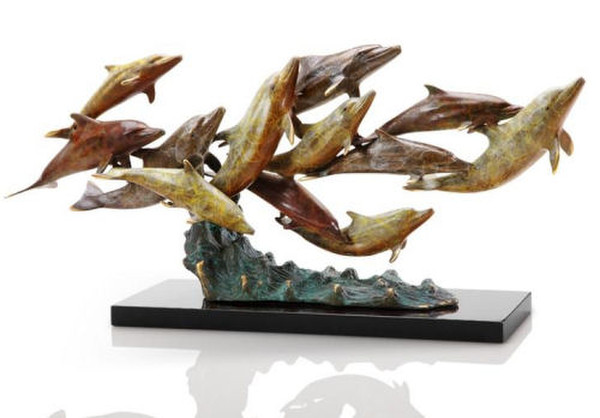 Dolphin Swimming in School Sculpture High-End Brass Decor